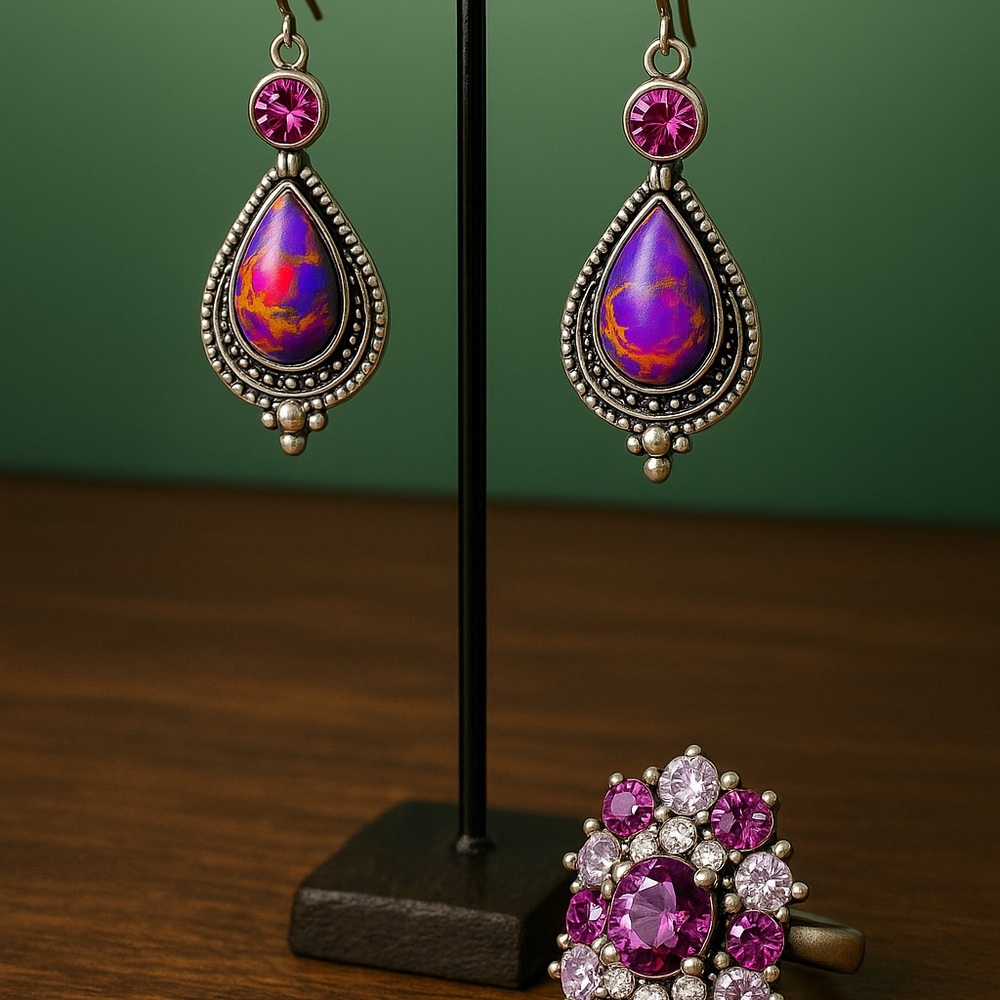 Elegant Purple and Silver Earrings and Ring Set